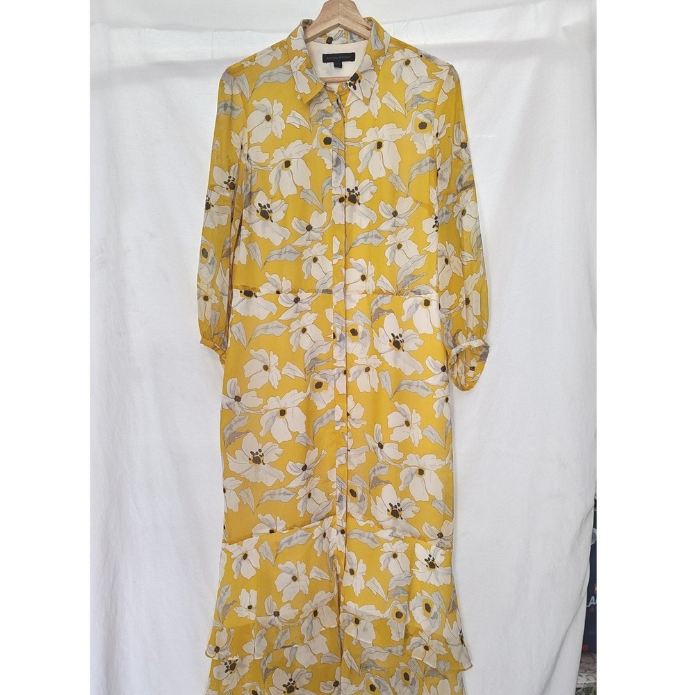 Banana Republic Floral Maxi Shirt Dress 10 Yellow Tiered Ruffle High Low